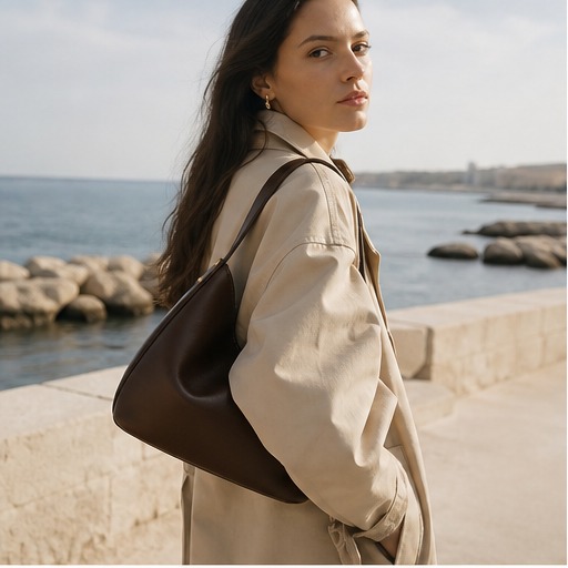 Model wearing a brown CADRIVAS shoulder bag by the sea